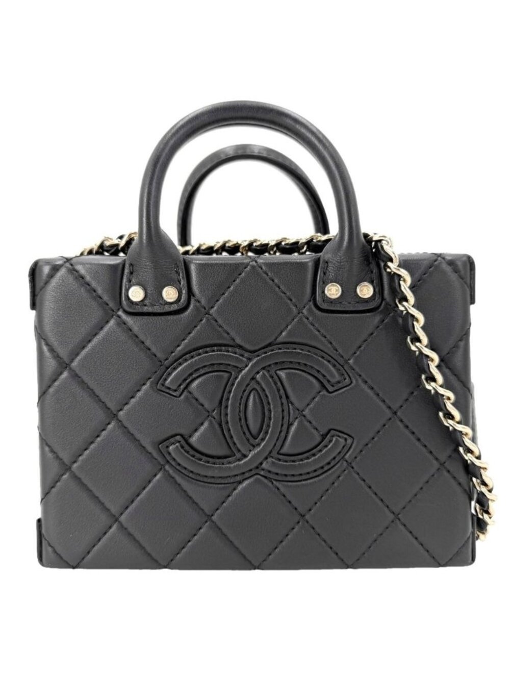 Chanel 2-Way Quilted CC Logo Shoulder Bag Small Vanity Crossbody Leather Black
